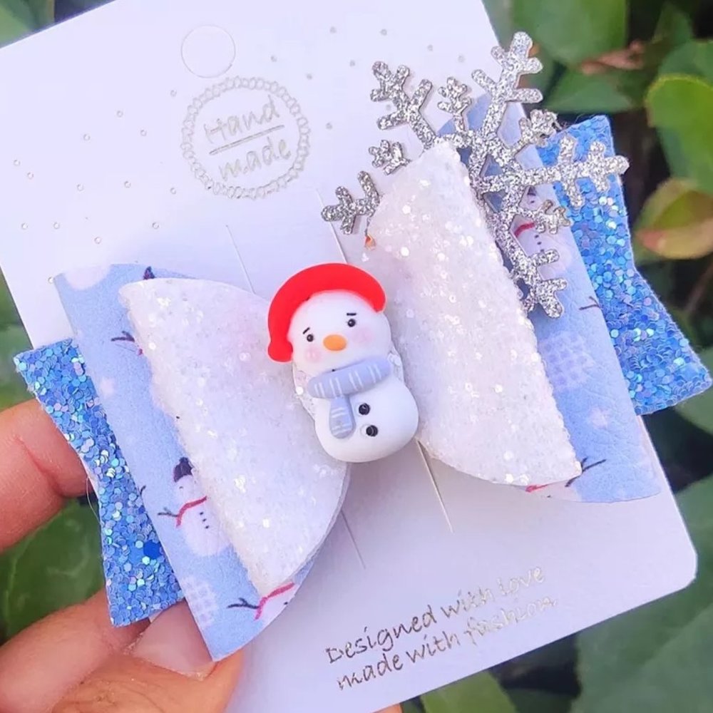 Christmas Snowman Snowflake Girls 3.5-Inch Hair Bow Clip